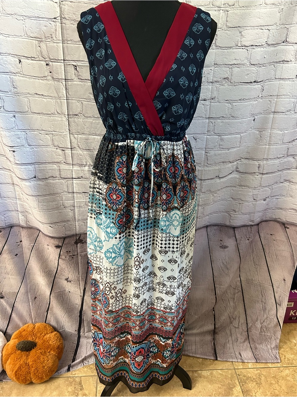 Enfocus Studio Navy Maxi Dress with Burgundy Trim and Multi-Color Print